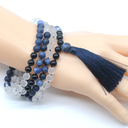 GMN370 Hand-Knotted Matte Sodalite, White Crystal & Black Agate 108 Beads Mala Necklace