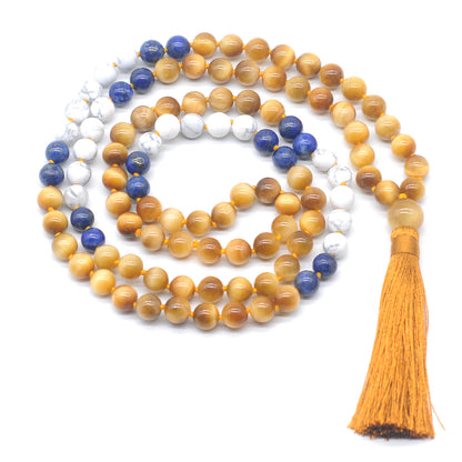 GMN371 Hand-Knotted Golden Tiger Eye, Lapis Lazuli & Matte White Howlite 108 Beads Mala Necklace