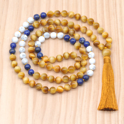 GMN371 Hand-Knotted Golden Tiger Eye, Lapis Lazuli & Matte White Howlite 108 Beads Mala Necklace