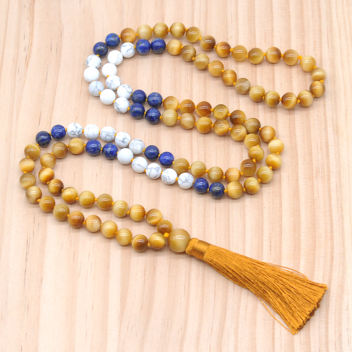 GMN371 Hand-Knotted Golden Tiger Eye, Lapis Lazuli & Matte White Howlite 108 Beads Mala Necklace