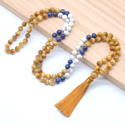 GMN371 Hand-Knotted Golden Tiger Eye, Lapis Lazuli & Matte White Howlite 108 Beads Mala Necklace