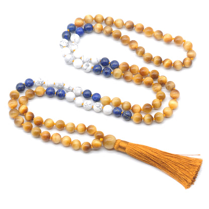 GMN371 Hand-Knotted Golden Tiger Eye, Lapis Lazuli & Matte White Howlite 108 Beads Mala Necklace