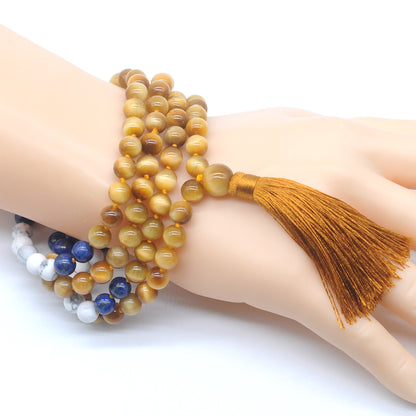 GMN371 Hand-Knotted Golden Tiger Eye, Lapis Lazuli & Matte White Howlite 108 Beads Mala Necklace