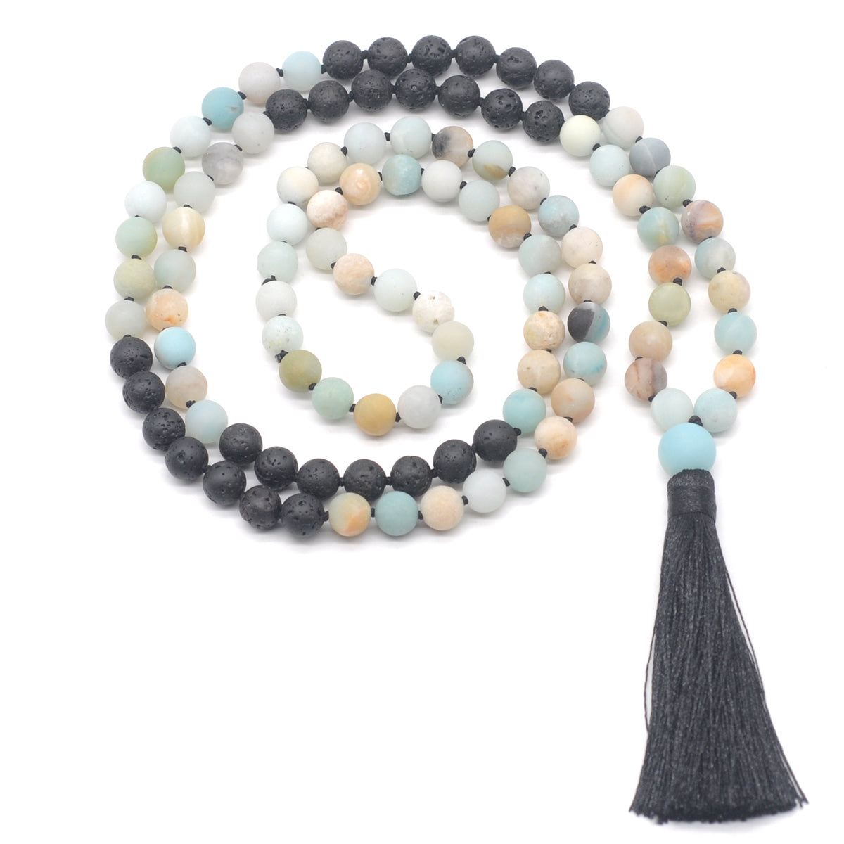 GMN372 Hand-Knotted Matte Colorful Amazonite & Black Lava 108 Beads Mala Necklace