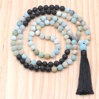 GMN372 Hand-Knotted Matte Colorful Amazonite & Black Lava 108 Beads Mala Necklace