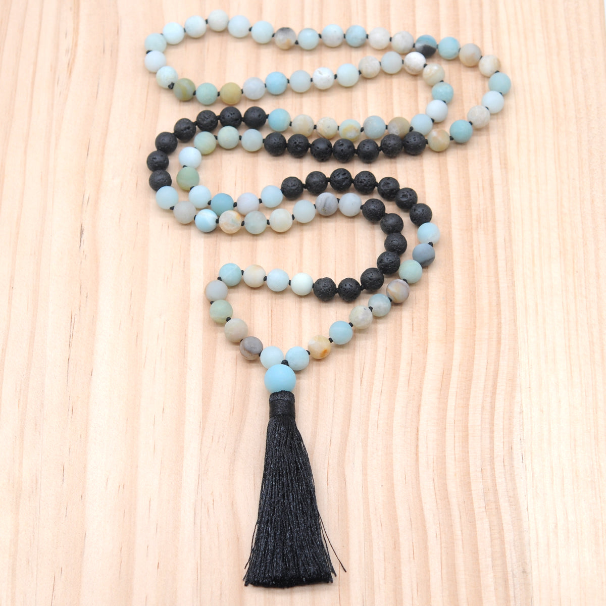 GMN372 Hand-Knotted Matte Colorful Amazonite & Black Lava 108 Beads Mala Necklace