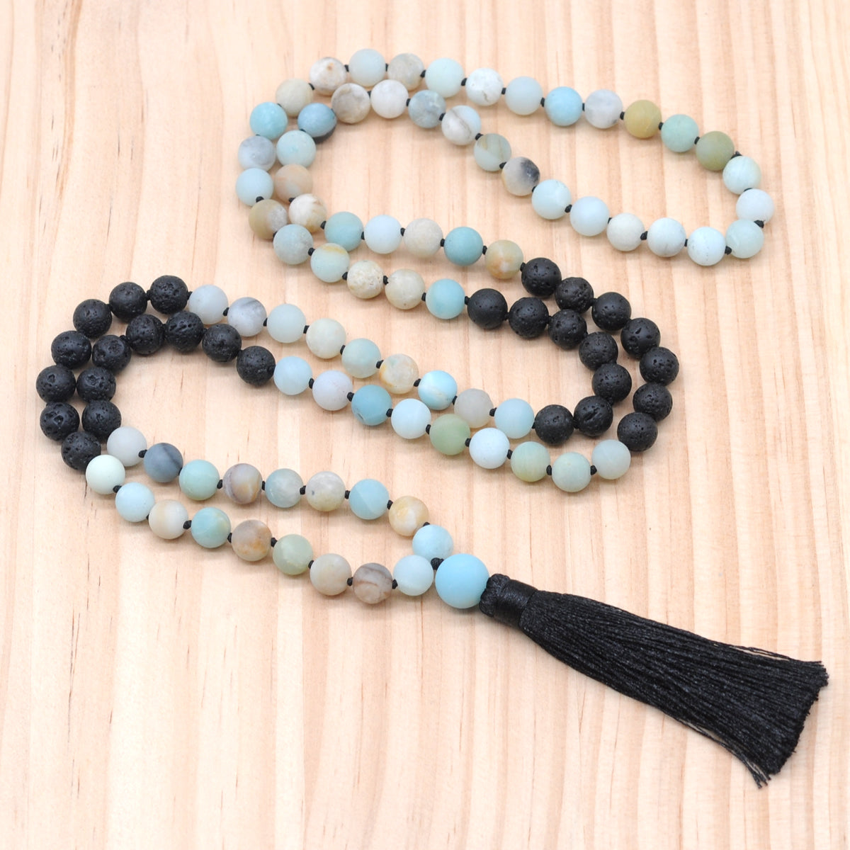 GMN372 Hand-Knotted Matte Colorful Amazonite & Black Lava 108 Beads Mala Necklace