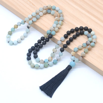 GMN372 Hand-Knotted Matte Colorful Amazonite & Black Lava 108 Beads Mala Necklace