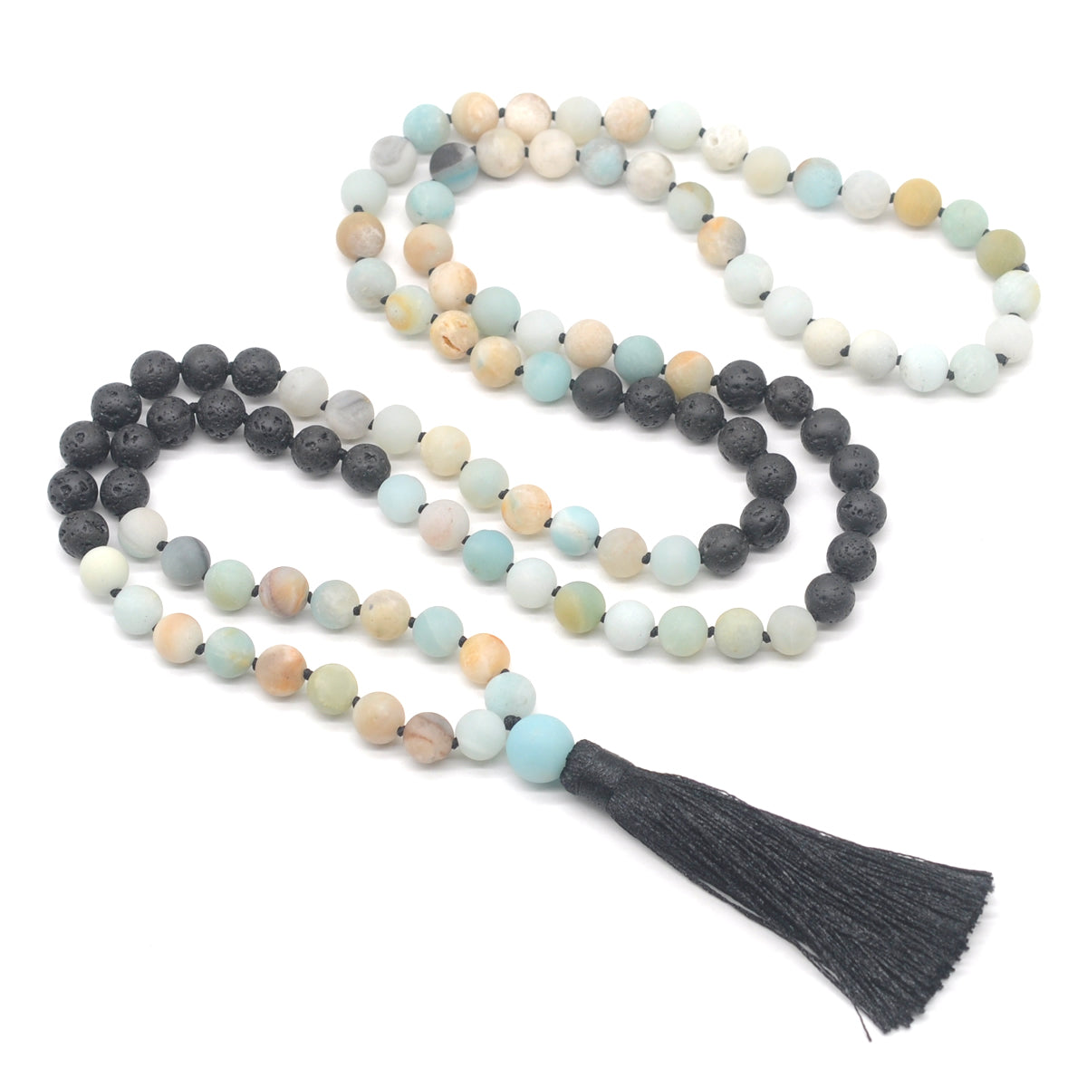 GMN372 Hand-Knotted Matte Colorful Amazonite & Black Lava 108 Beads Mala Necklace