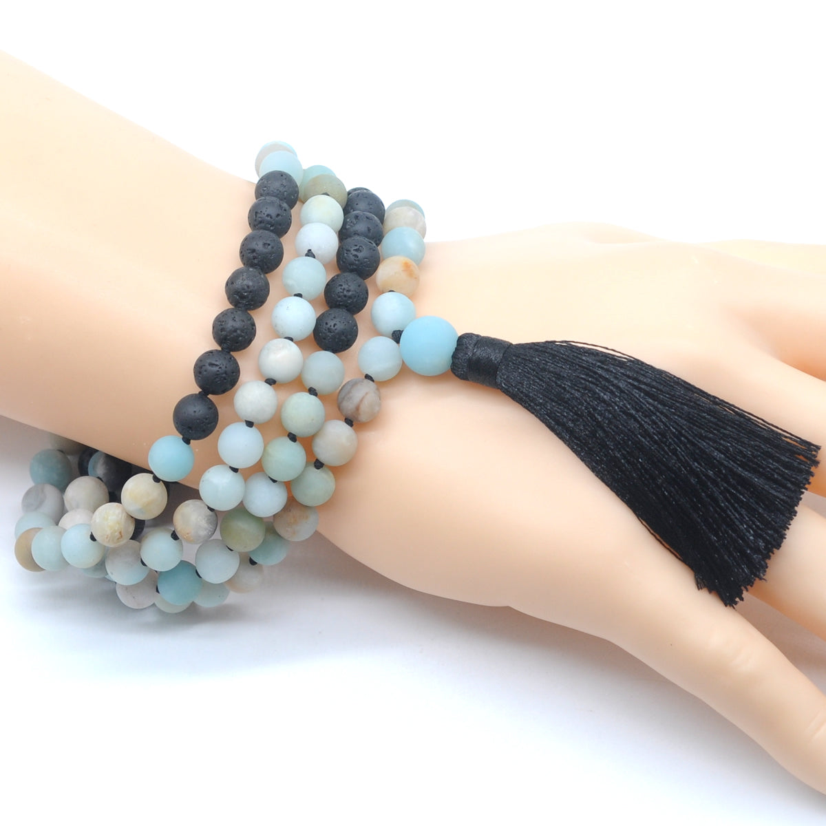 GMN372 Hand-Knotted Matte Colorful Amazonite & Black Lava 108 Beads Mala Necklace