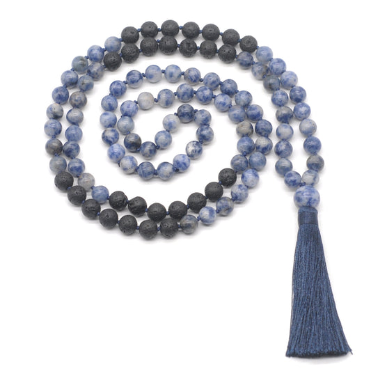 GMN373 Hand-Knotted Blue Spot Stone & Black Lava 108 Beads Mala Necklace