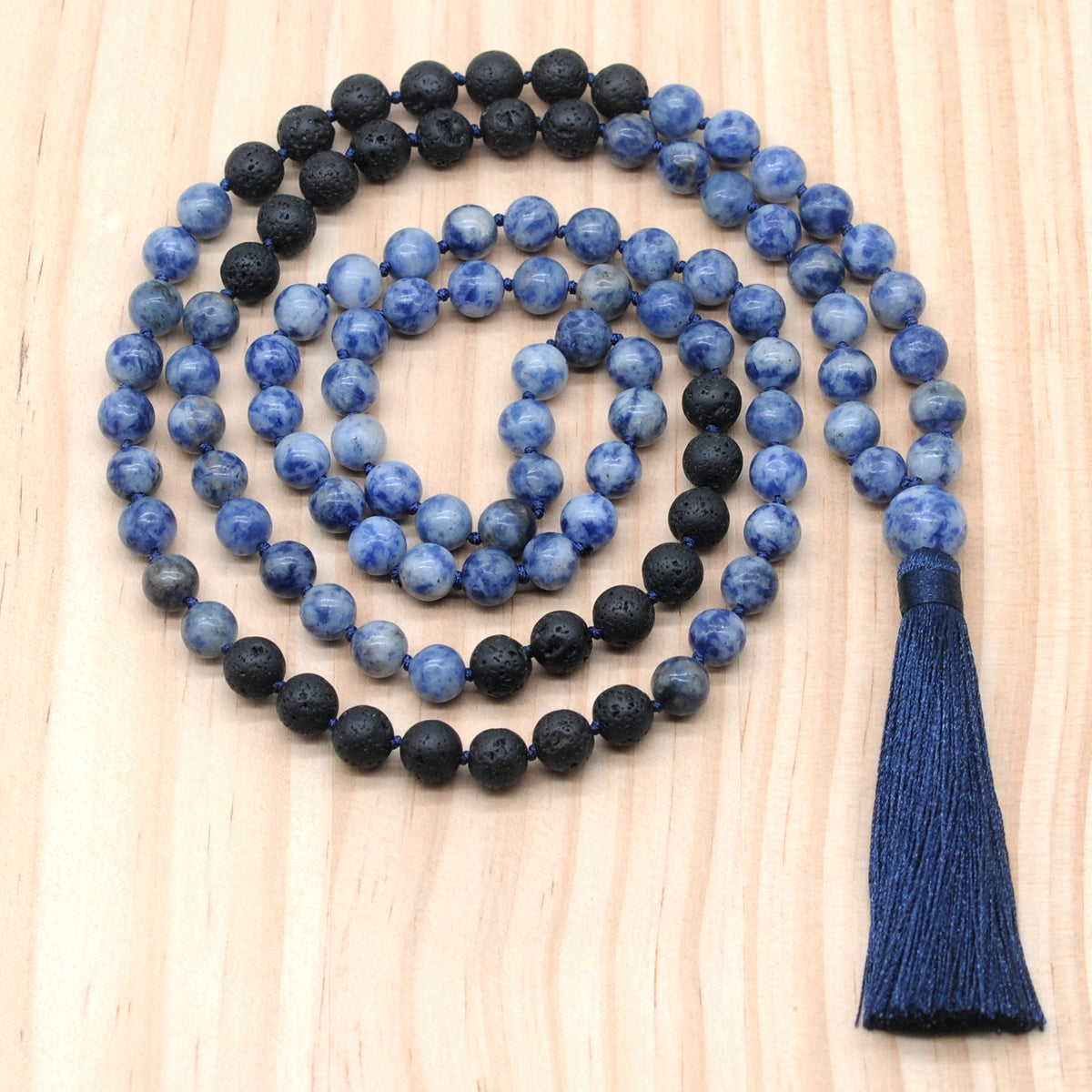 GMN373 Hand-Knotted Blue Spot Stone & Black Lava 108 Beads Mala Necklace