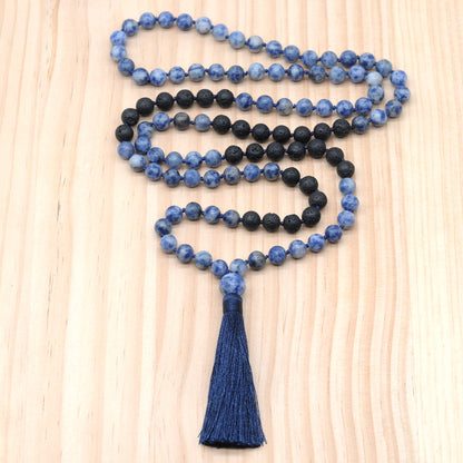 GMN373 Hand-Knotted Blue Spot Stone & Black Lava 108 Beads Mala Necklace