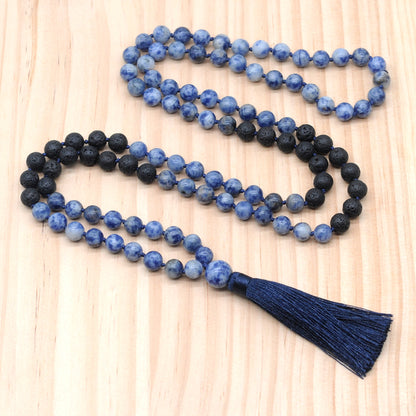 GMN373 Hand-Knotted Blue Spot Stone & Black Lava 108 Beads Mala Necklace