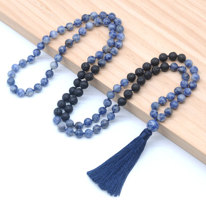 GMN373 Hand-Knotted Blue Spot Stone & Black Lava 108 Beads Mala Necklace