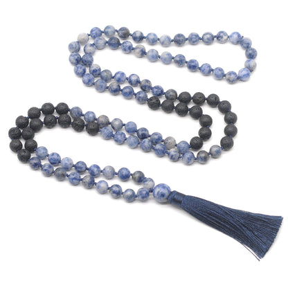 GMN373 Hand-Knotted Blue Spot Stone & Black Lava 108 Beads Mala Necklace