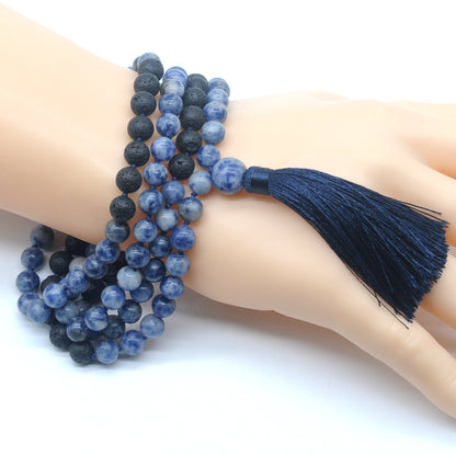 GMN373 Hand-Knotted Blue Spot Stone & Black Lava 108 Beads Mala Necklace