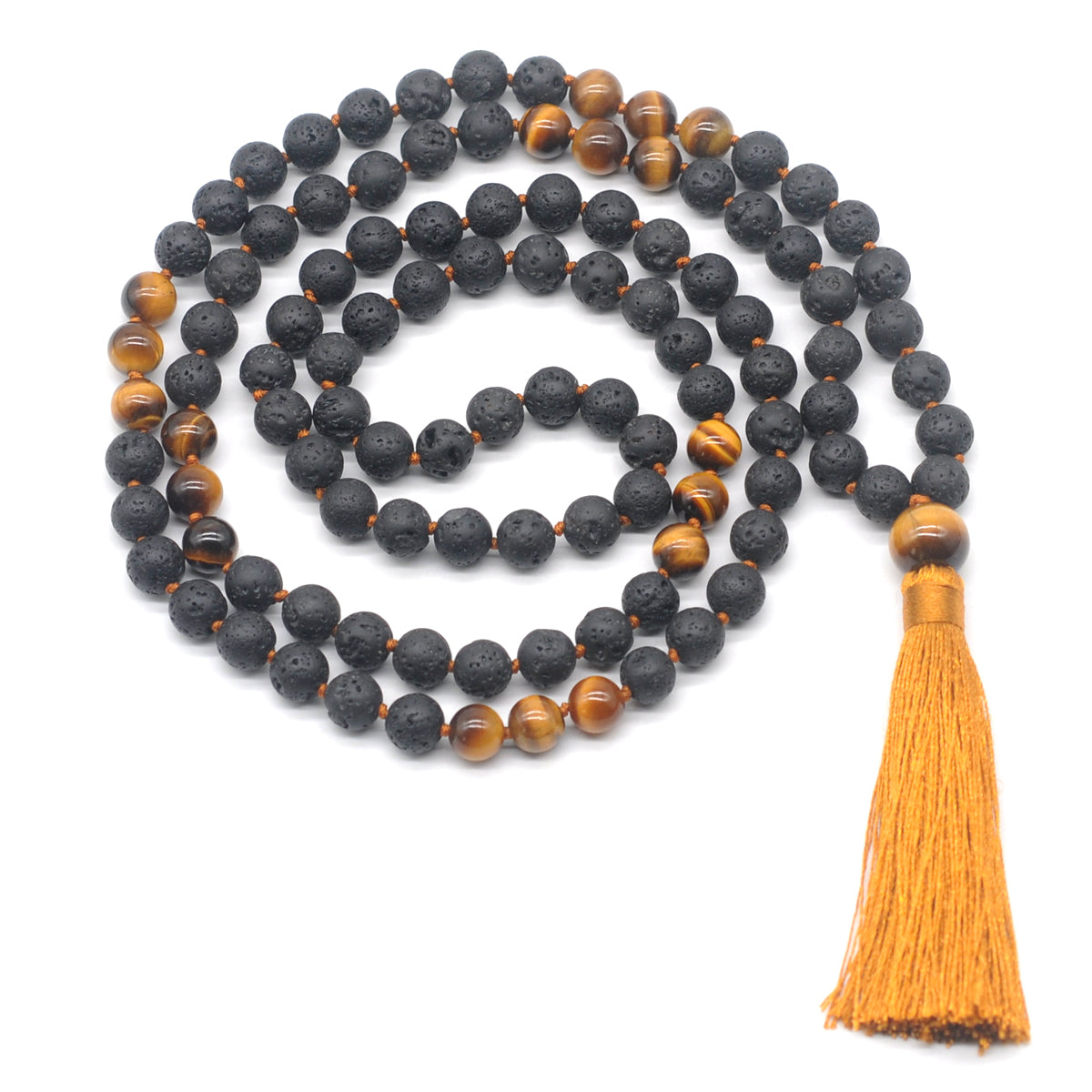 GMN375 Hand-Knotted Black Lava & Yellow Tiger Eye 108 Beads Mala Necklace