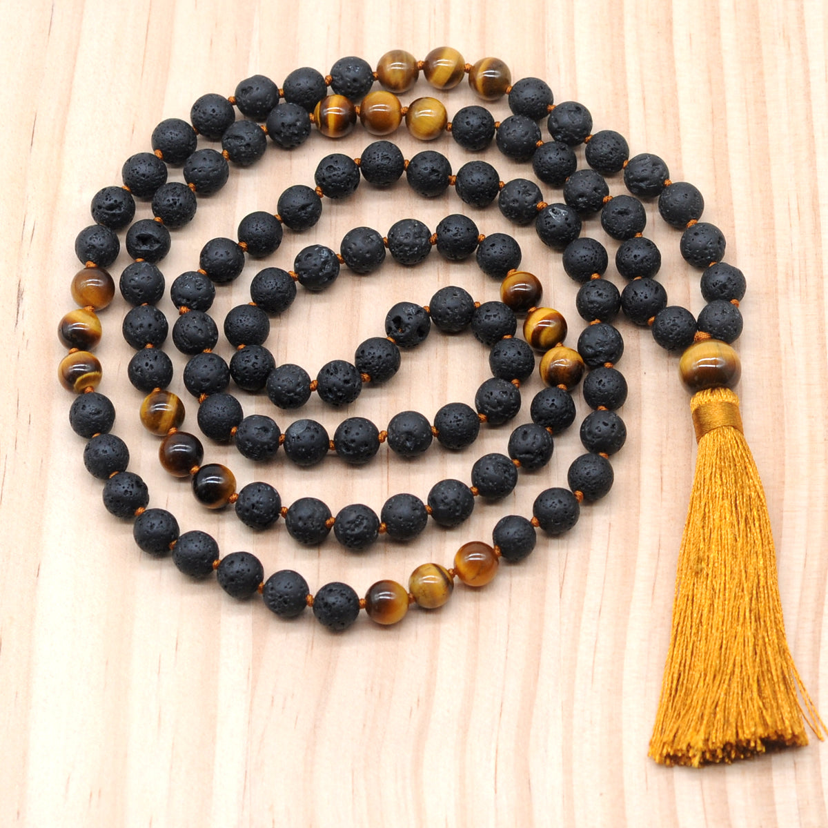 GMN375 Hand-Knotted Black Lava & Yellow Tiger Eye 108 Beads Mala Necklace