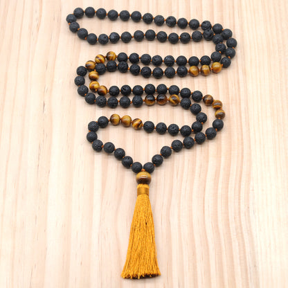 GMN375 Hand-Knotted Black Lava & Yellow Tiger Eye 108 Beads Mala Necklace