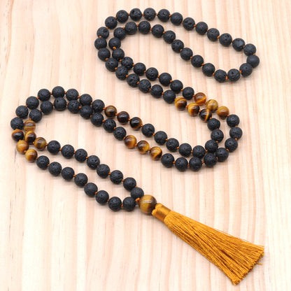 GMN375 Hand-Knotted Black Lava & Yellow Tiger Eye 108 Beads Mala Necklace