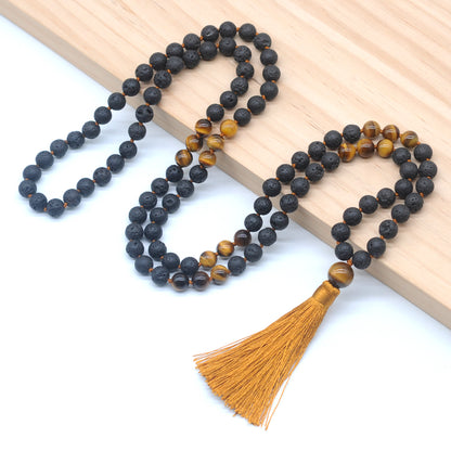 GMN375 Hand-Knotted Black Lava & Yellow Tiger Eye 108 Beads Mala Necklace