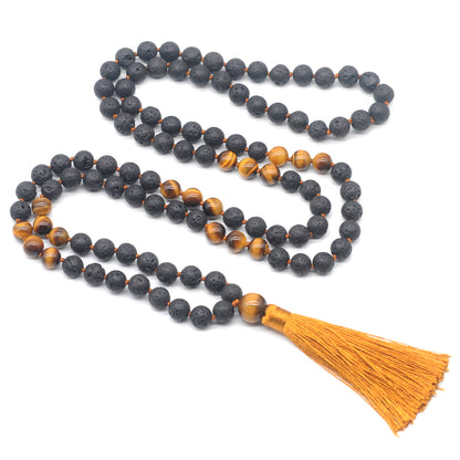 GMN375 Hand-Knotted Black Lava & Yellow Tiger Eye 108 Beads Mala Necklace