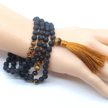 GMN375 Hand-Knotted Black Lava & Yellow Tiger Eye 108 Beads Mala Necklace