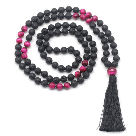 GMN376 Hand-Knotted Black Lava & Red Tiger Eye 108 Beads Mala Necklace