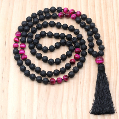 GMN376 Hand-Knotted Black Lava & Red Tiger Eye 108 Beads Mala Necklace