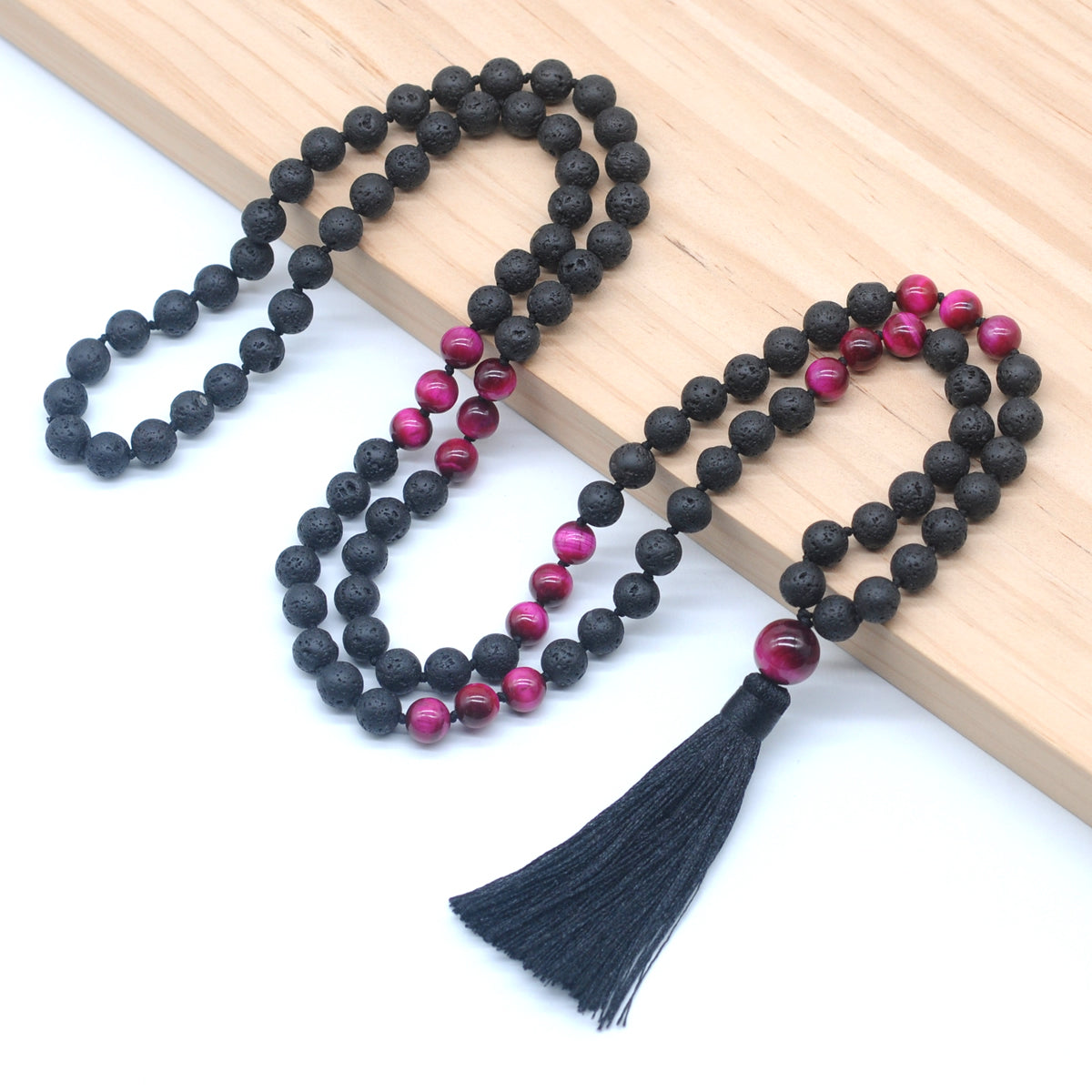 GMN376 Hand-Knotted Black Lava & Red Tiger Eye 108 Beads Mala Necklace