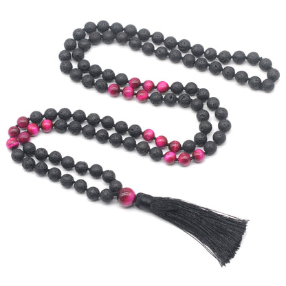 GMN376 Hand-Knotted Black Lava & Red Tiger Eye 108 Beads Mala Necklace