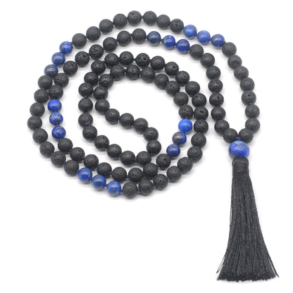 GMN377 Hand-Knotted Black Lava & Lapis Lazuli 108 Beads Mala Necklace