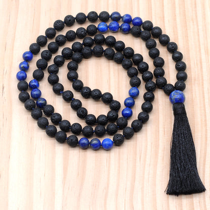 GMN377 Hand-Knotted Black Lava & Lapis Lazuli 108 Beads Mala Necklace