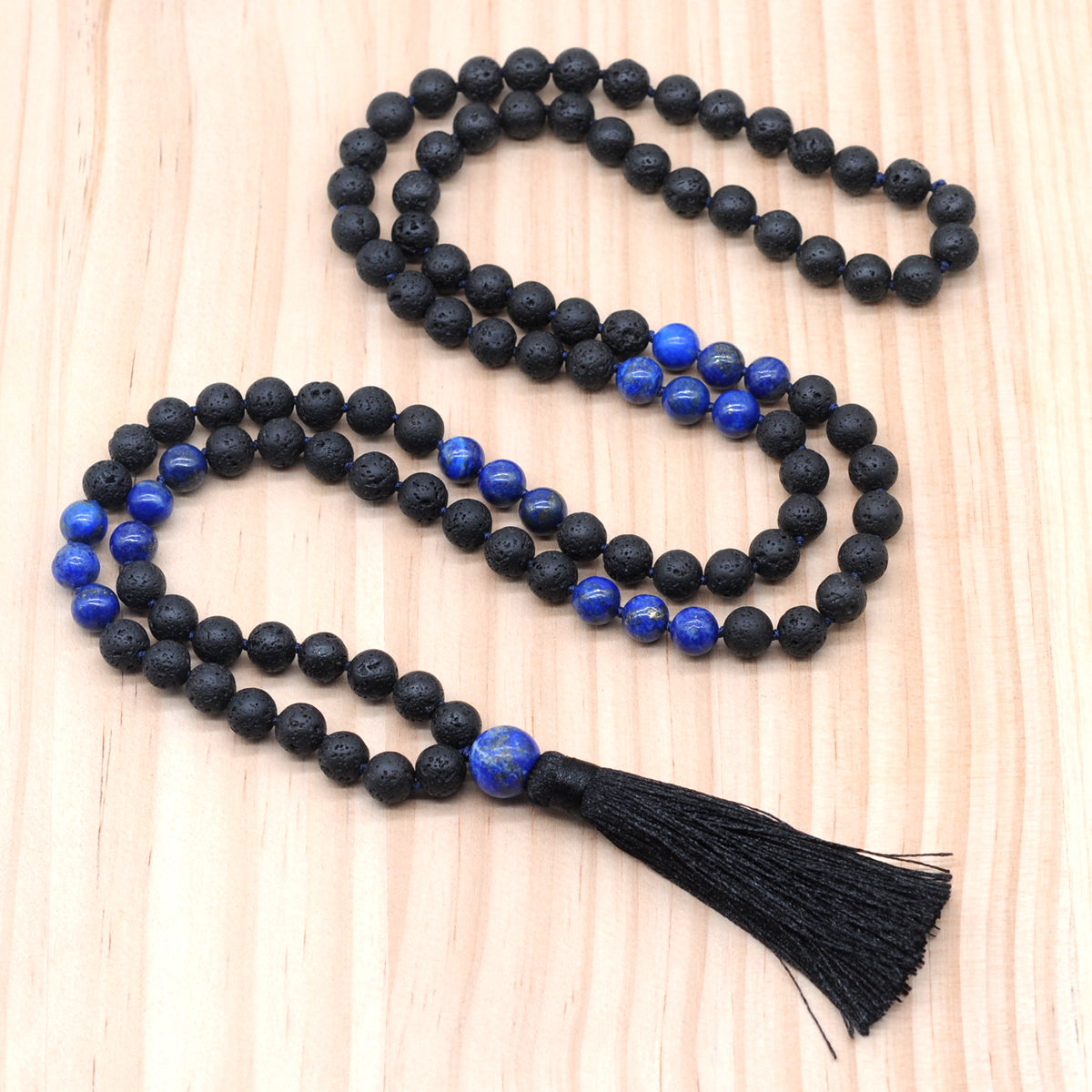 GMN377 Hand-Knotted Black Lava & Lapis Lazuli 108 Beads Mala Necklace