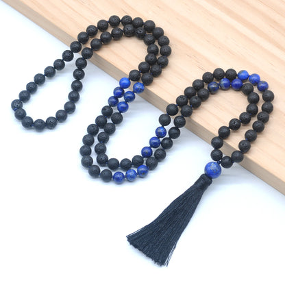 GMN377 Hand-Knotted Black Lava & Lapis Lazuli 108 Beads Mala Necklace