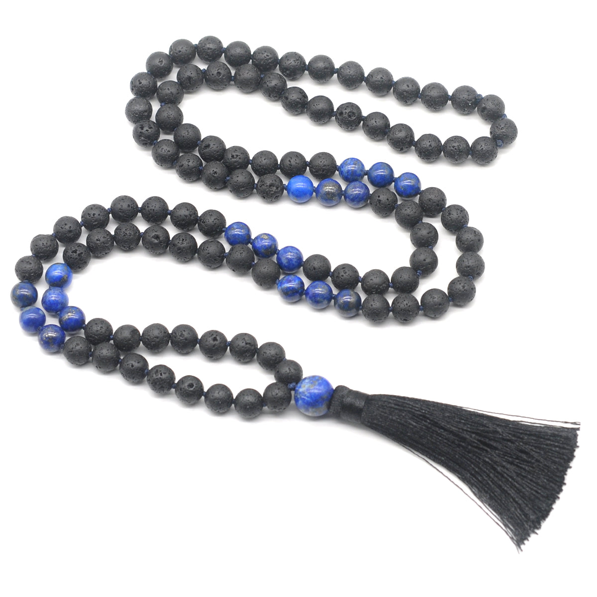 GMN377 Hand-Knotted Black Lava & Lapis Lazuli 108 Beads Mala Necklace