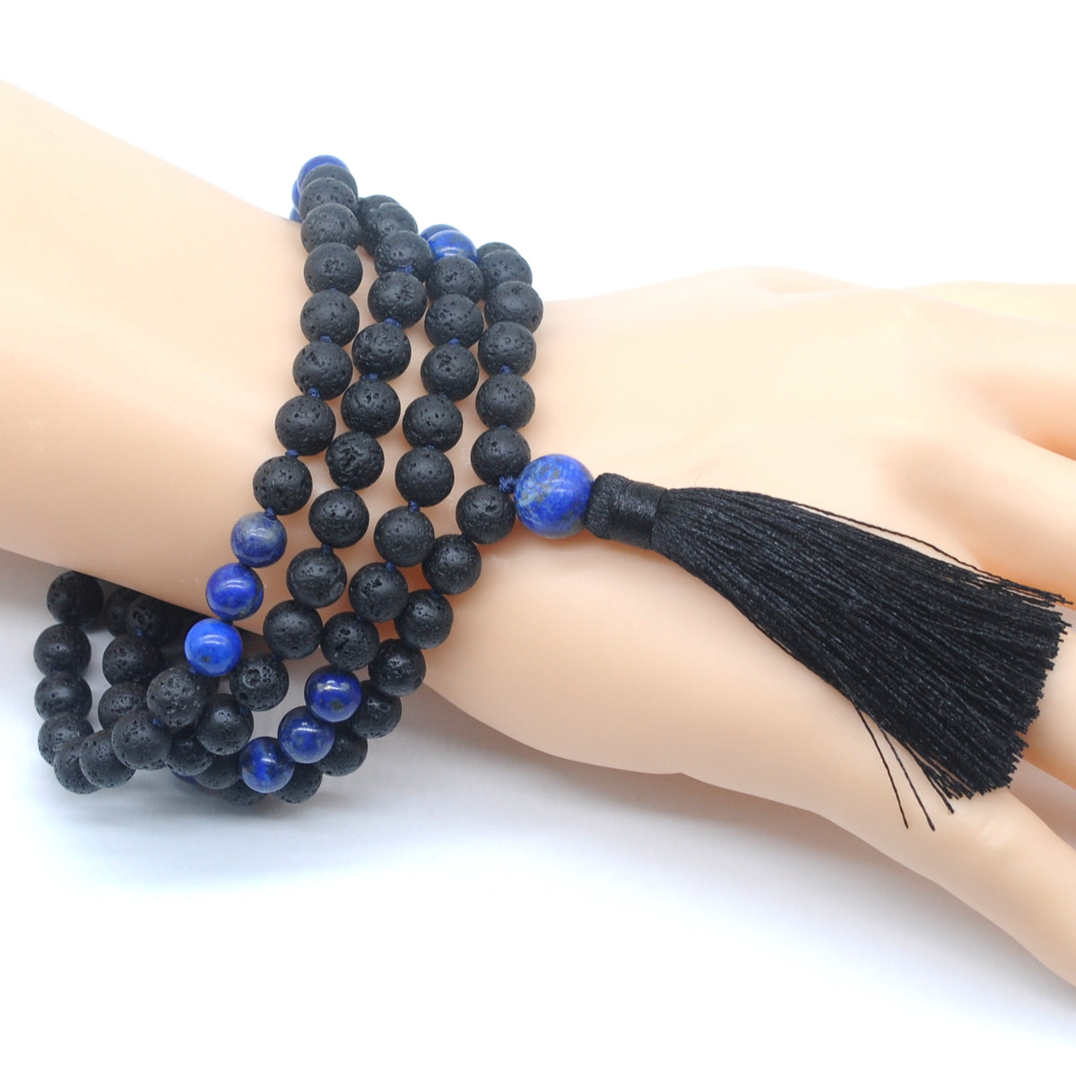 GMN377 Hand-Knotted Black Lava & Lapis Lazuli 108 Beads Mala Necklace