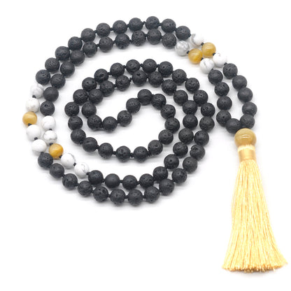 GMN378 Hand-Knotted Black Lava, Matte White Howlite & Golden Tiger Eye 108 Beads Mala Necklace