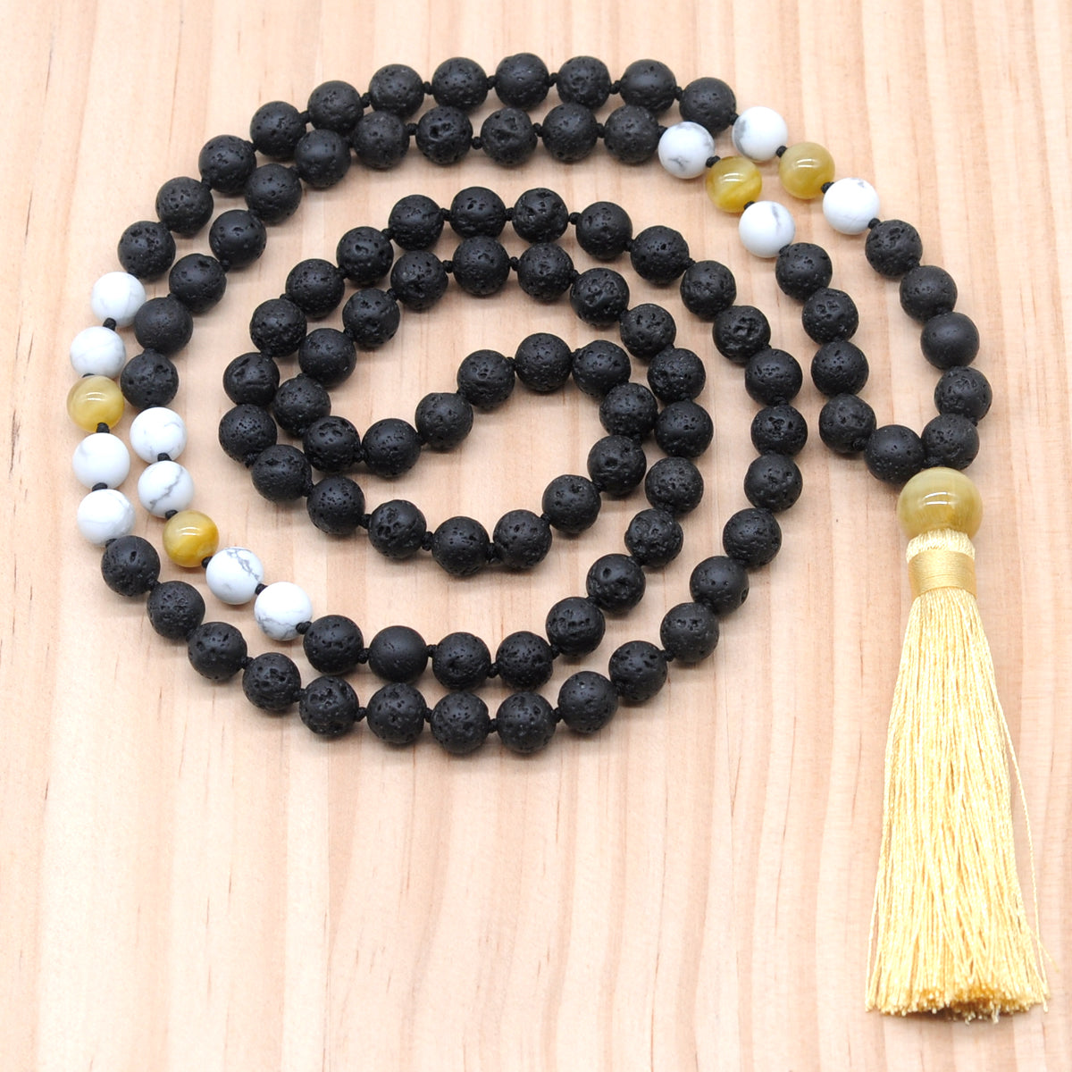 GMN378 Hand-Knotted Black Lava, Matte White Howlite & Golden Tiger Eye 108 Beads Mala Necklace