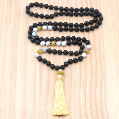 GMN378 Hand-Knotted Black Lava, Matte White Howlite & Golden Tiger Eye 108 Beads Mala Necklace