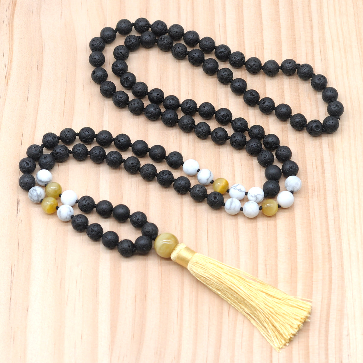 GMN378 Hand-Knotted Black Lava, Matte White Howlite & Golden Tiger Eye 108 Beads Mala Necklace