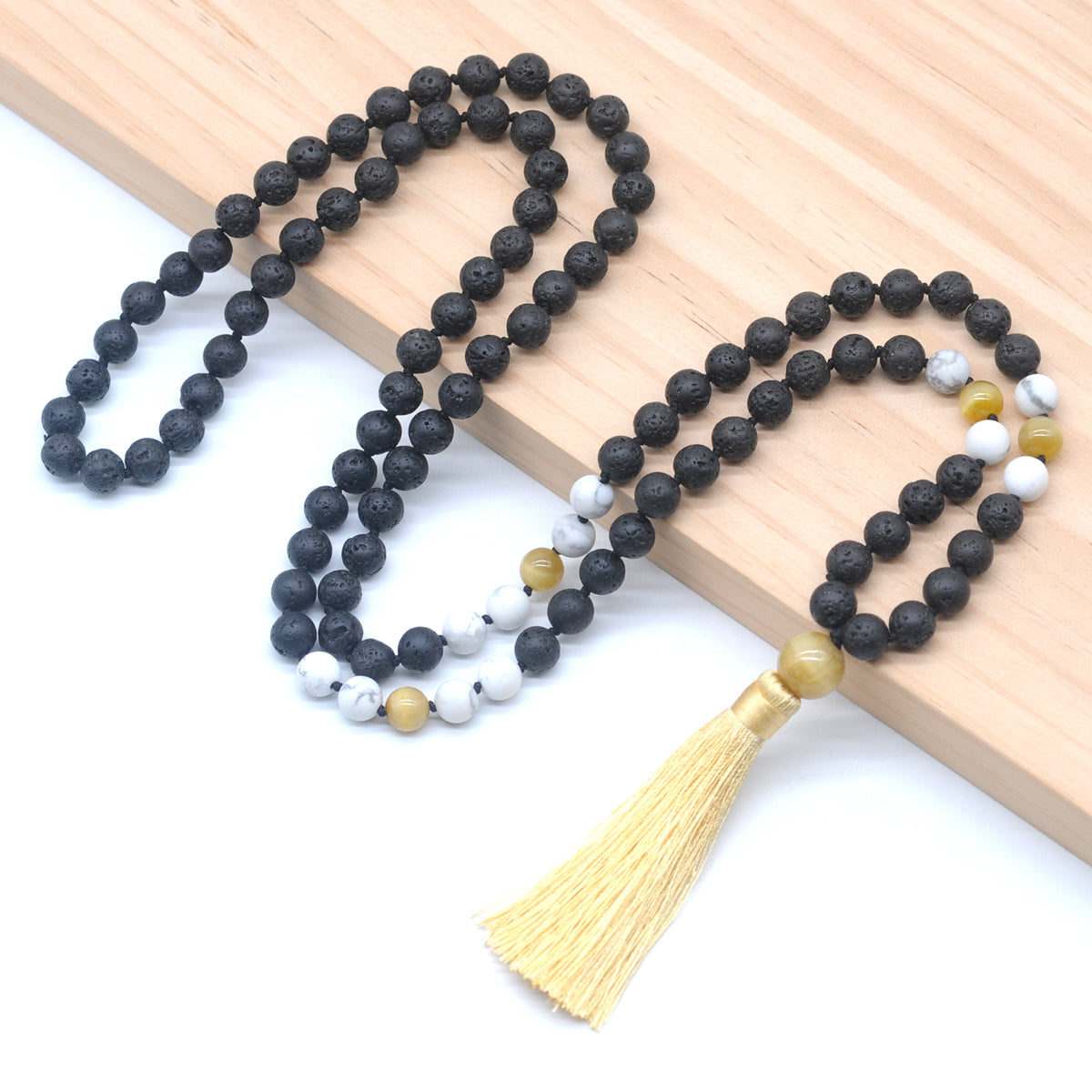 GMN378 Hand-Knotted Black Lava, Matte White Howlite & Golden Tiger Eye 108 Beads Mala Necklace