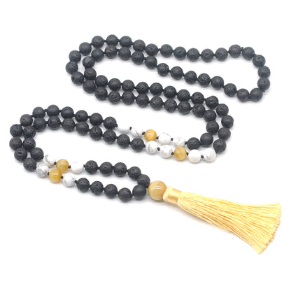 GMN378 Hand-Knotted Black Lava, Matte White Howlite & Golden Tiger Eye 108 Beads Mala Necklace