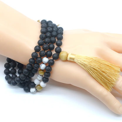 GMN378 Hand-Knotted Black Lava, Matte White Howlite & Golden Tiger Eye 108 Beads Mala Necklace