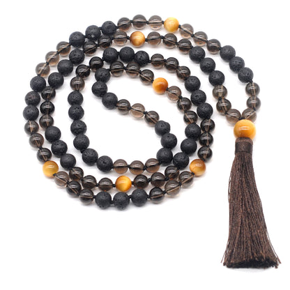 GMN379 Hand-Knotted Black Lava, Smoky Quartz & Golden Tiger Eye 108 Beads Mala Necklace