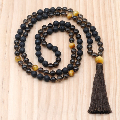 GMN379 Hand-Knotted Black Lava, Smoky Quartz & Golden Tiger Eye 108 Beads Mala Necklace