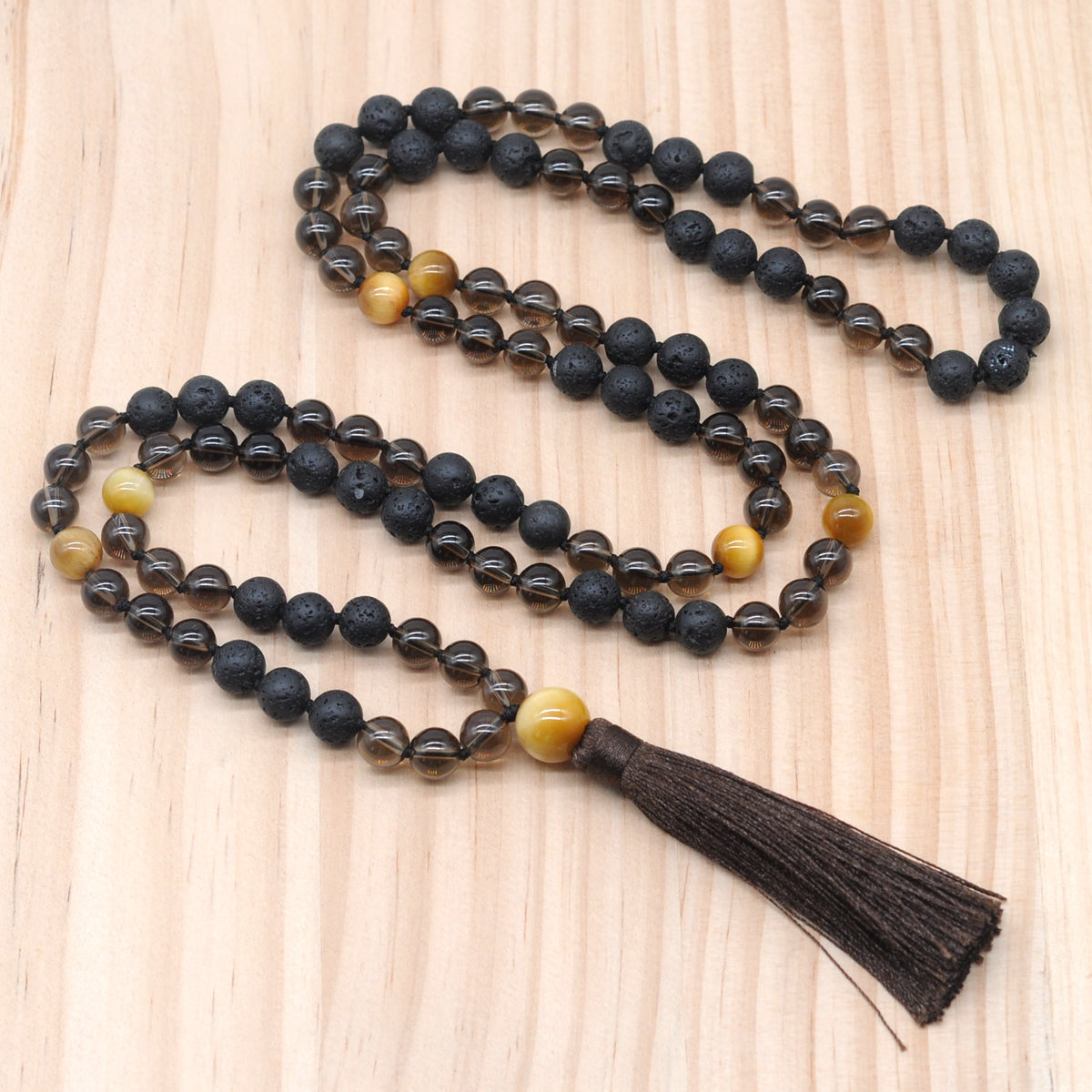 GMN379 Hand-Knotted Black Lava, Smoky Quartz & Golden Tiger Eye 108 Beads Mala Necklace