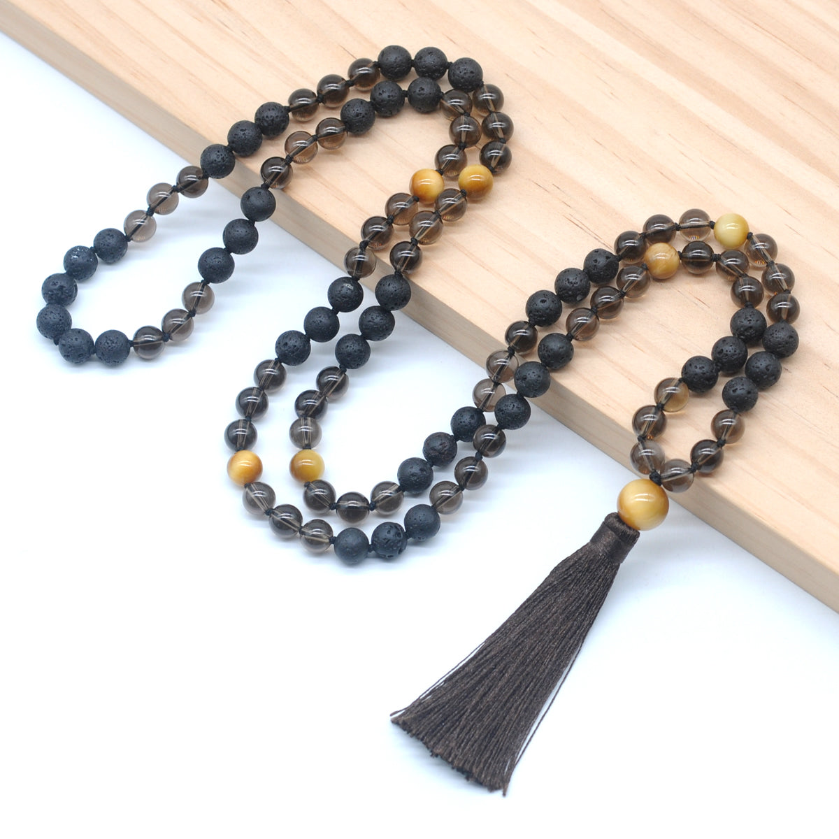 GMN379 Hand-Knotted Black Lava, Smoky Quartz & Golden Tiger Eye 108 Beads Mala Necklace