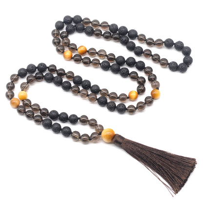 GMN379 Hand-Knotted Black Lava, Smoky Quartz & Golden Tiger Eye 108 Beads Mala Necklace